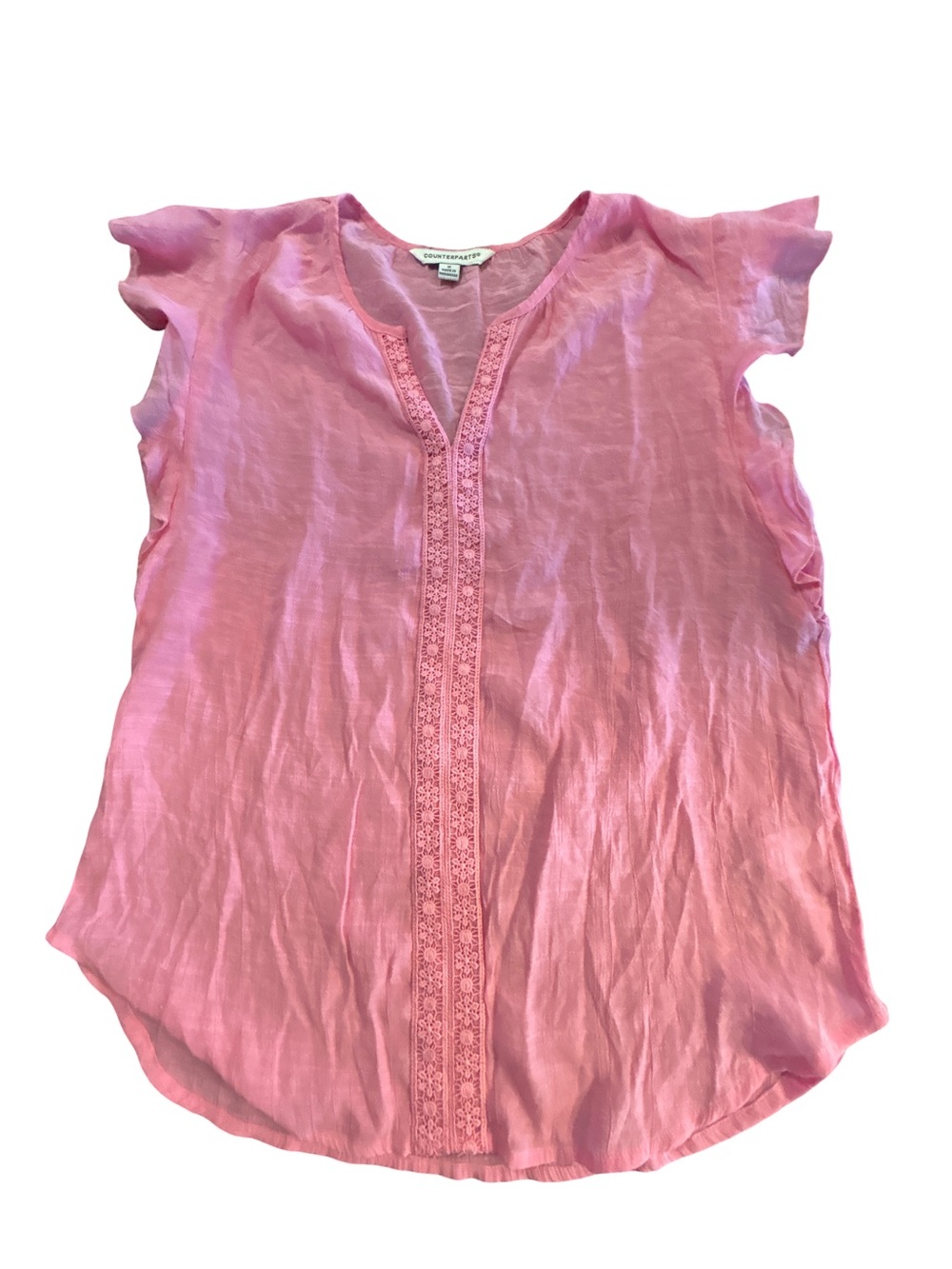 Counterparts Pink Lace Trim Feminine Gauzy Boho V-Neck Flutter Sleeve Top Size M